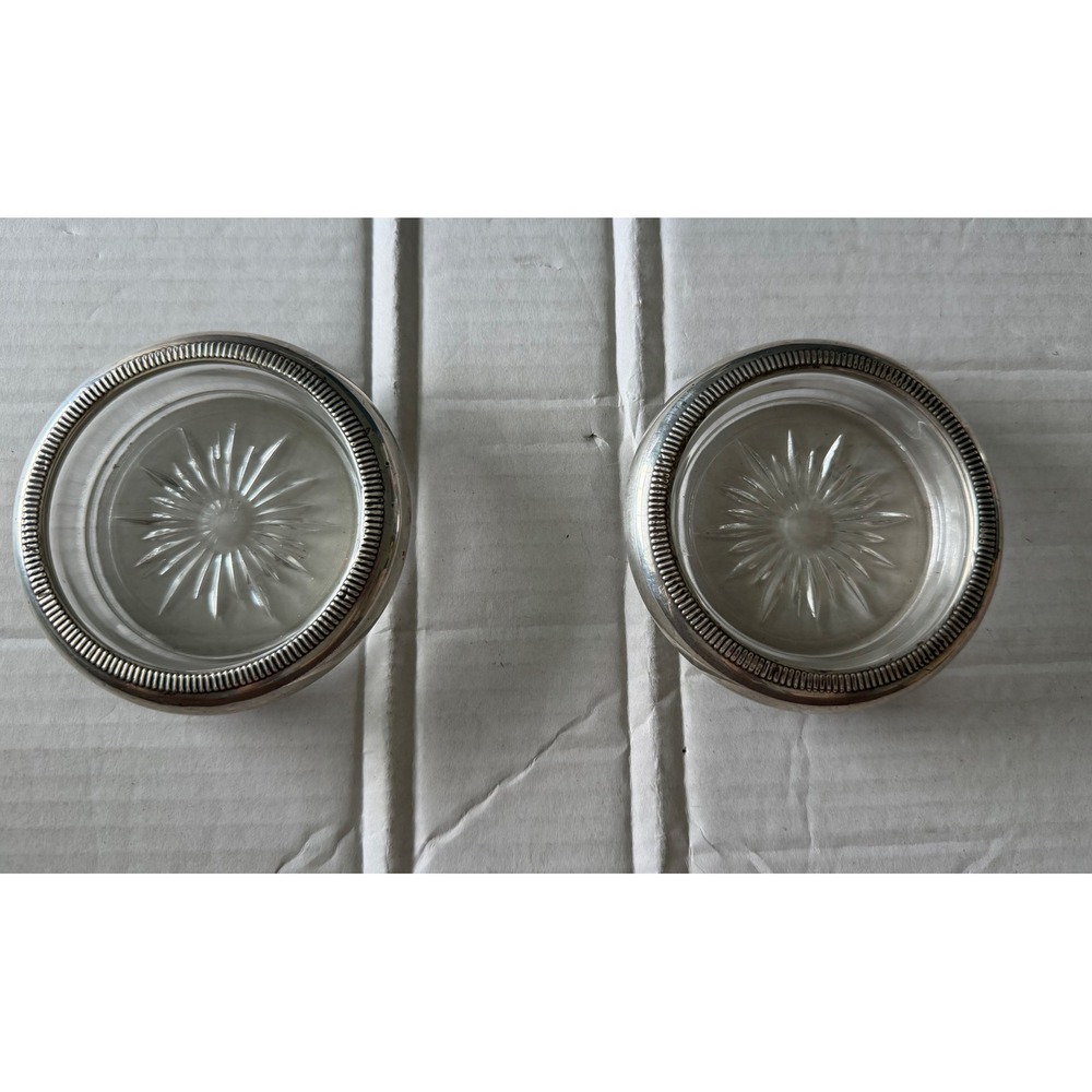 Vintage Sterling Silver Rim Glass Coasters Starburst Set of 2 Gadroon Edge